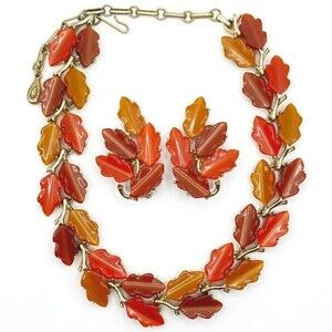 Vintage 1960 Signed Lisner Thermoset Lucite Fall Leaves Necklace Bracelet Set